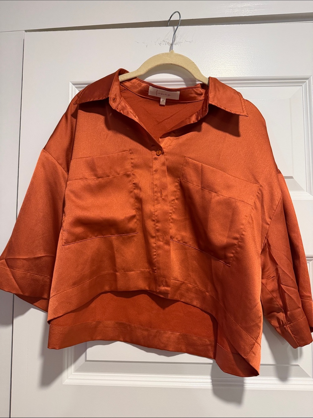 Satin Button-Front Crop Shirt in Burnt Orange
